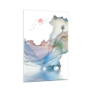 Impression sur verre - Image sur verre - Un paysage subtil avec des montagnes, de l'eau et un bateau - 80x120cm - Vers les montagnes de cristal - Décoration murale moderne pour le salon et la chambre ARTTOR