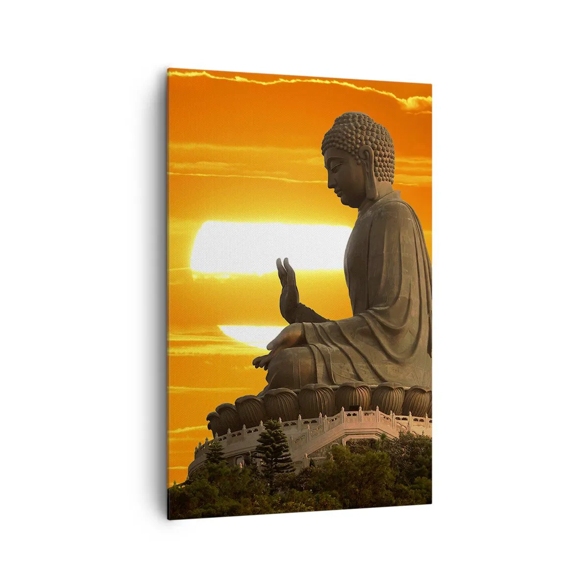 Impression sur toile - Image sur toile - Une statue bouddhiste sur fond de coucher de soleil orange - 80x120cm - Aucune peur du monde - Décoration murale moderne pour le salon et la chambre ARTTOR