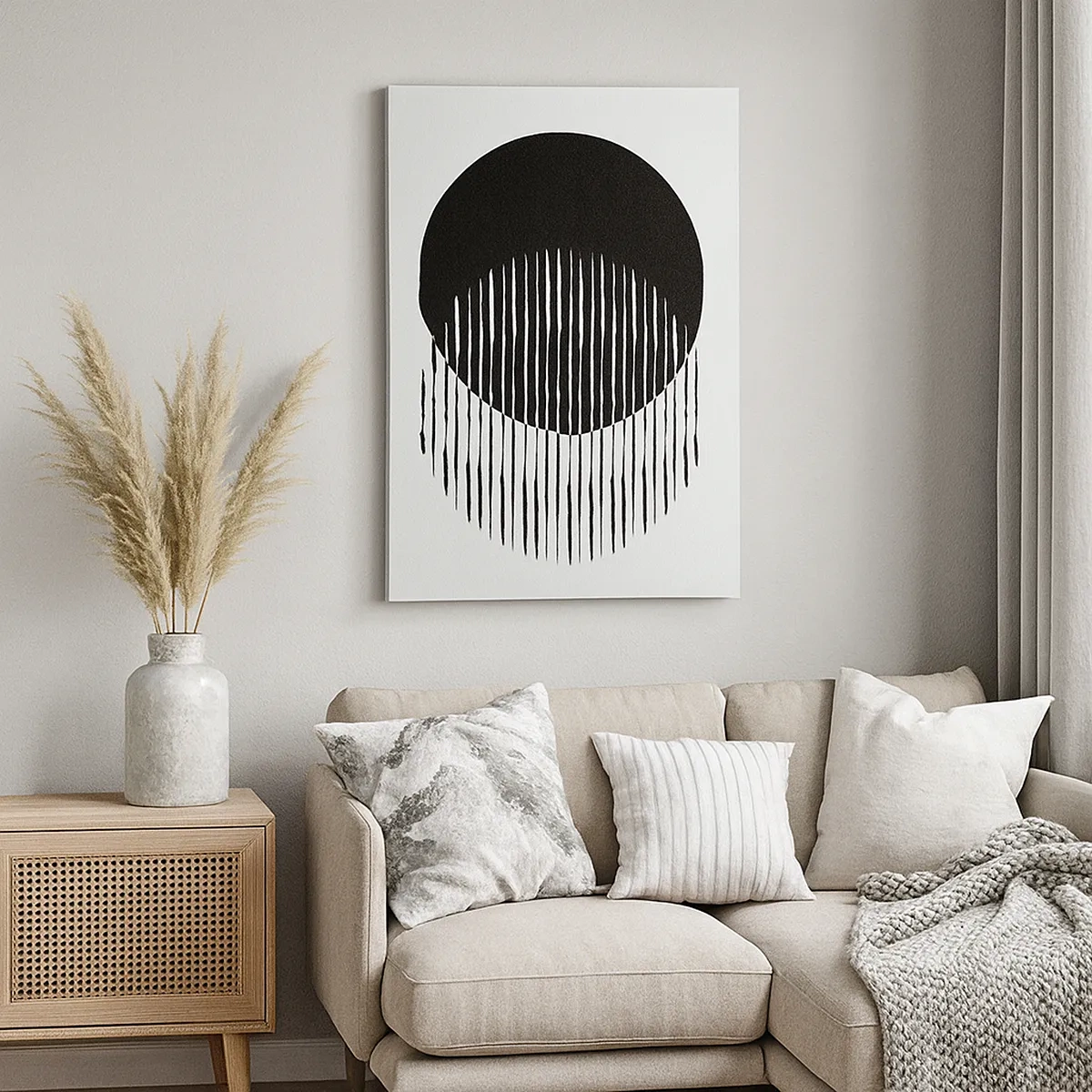 Impression sur toile - Image sur toile - Deux cercles superposés avec des lignes noires et blanches - 50x70cm - Son alter ego - Décoration murale moderne pour le salon et la chambre ARTTOR