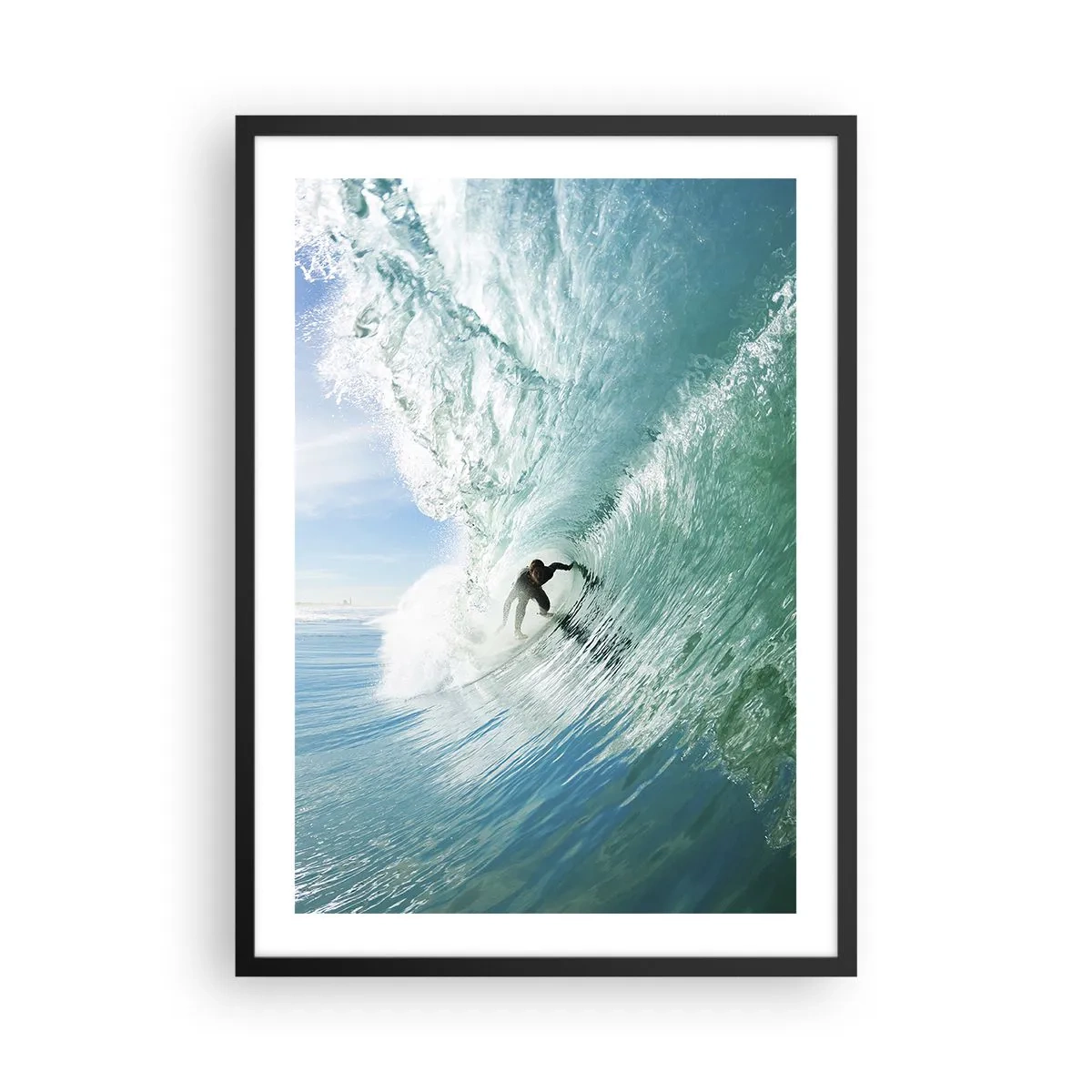 Affiche dans un cadre noir - Poster - Surfeur sur une vague au soleil - 50x70cm - Toujours sur la vague - Décoration murale moderne pour le salon et la chambre ARTTOR