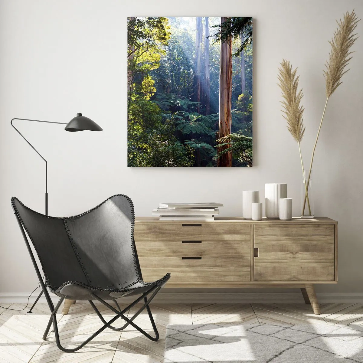 Impression sur verre - Image sur verre - Forêt tropicale illuminée par les rayons du soleil - 80x120cm - Fable de la forêt - Décoration murale moderne pour le salon et la chambre ARTTOR