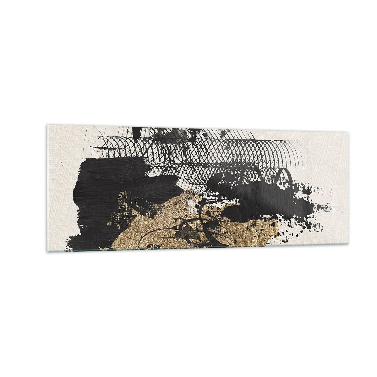 Impression sur verre - Image sur verre - Une peinture abstraite en noir et or avec des lignes et des structures dynamiques. - 140x50cm - Composer avec passion - Décoration murale moderne pour le salon et la chambre ARTTOR