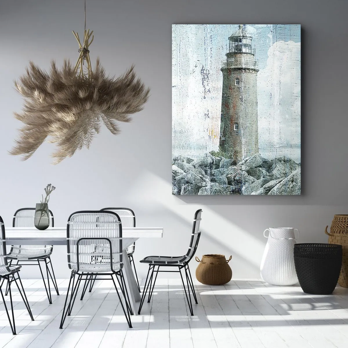 Impression sur toile - Image sur toile - Un phare sur une côte rocheuse aux couleurs pastel - 70x100cm - Sur du vieux bois - Décoration murale moderne pour le salon et la chambre ARTTOR