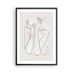 Affiche dans un cadre noir - Poster - Dessin au contour d'une main avec un fond abstrait dans des tons beiges - 50x70cm - Instant de rêve - Décoration murale moderne pour le salon et la chambre ARTTOR