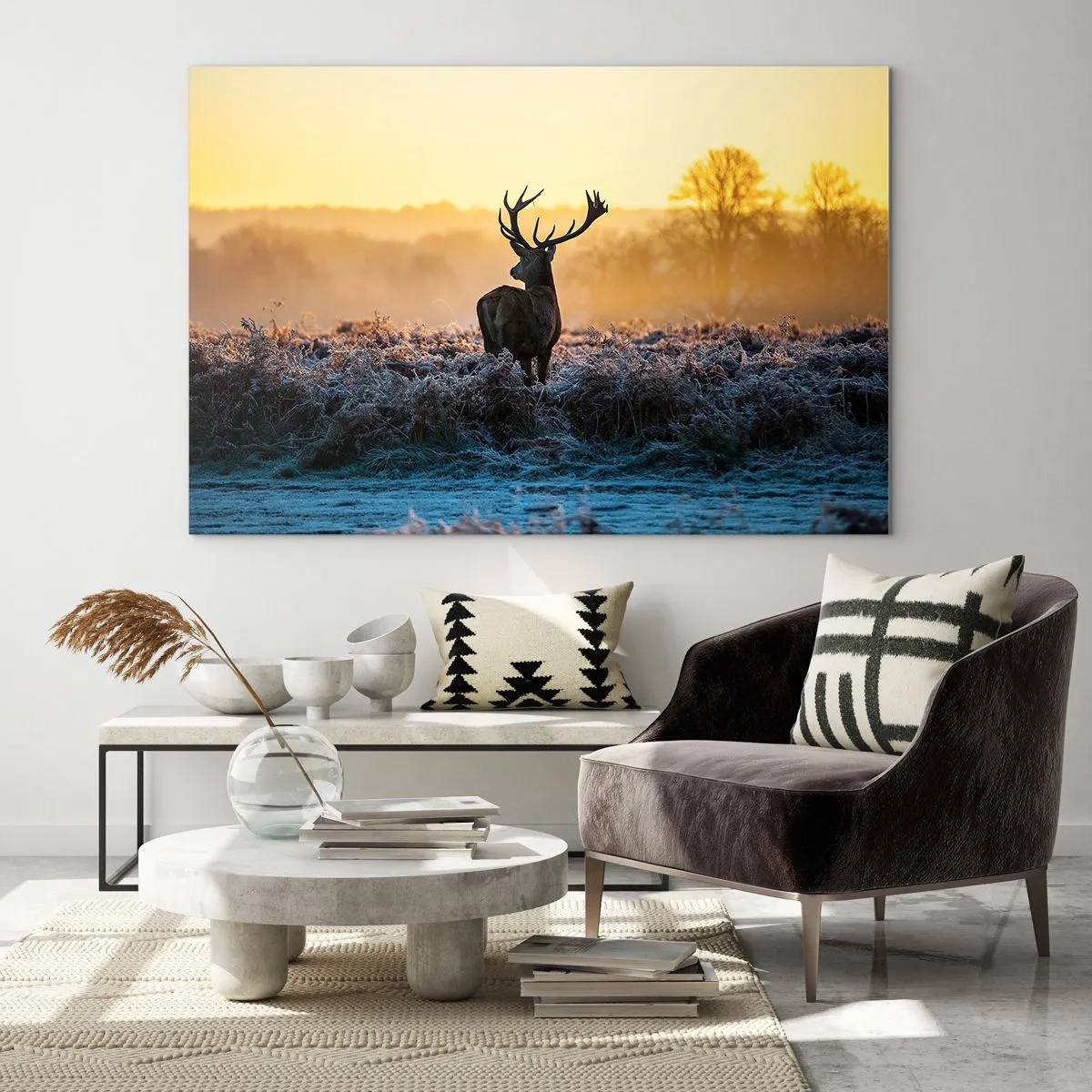 Impression sur verre - Image sur verre - Cerf par un matin glacial avec le lever du soleil en arrière-plan - 120x80cm - Couronné pour sa succession - Décoration murale moderne pour le salon et la chambre ARTTOR