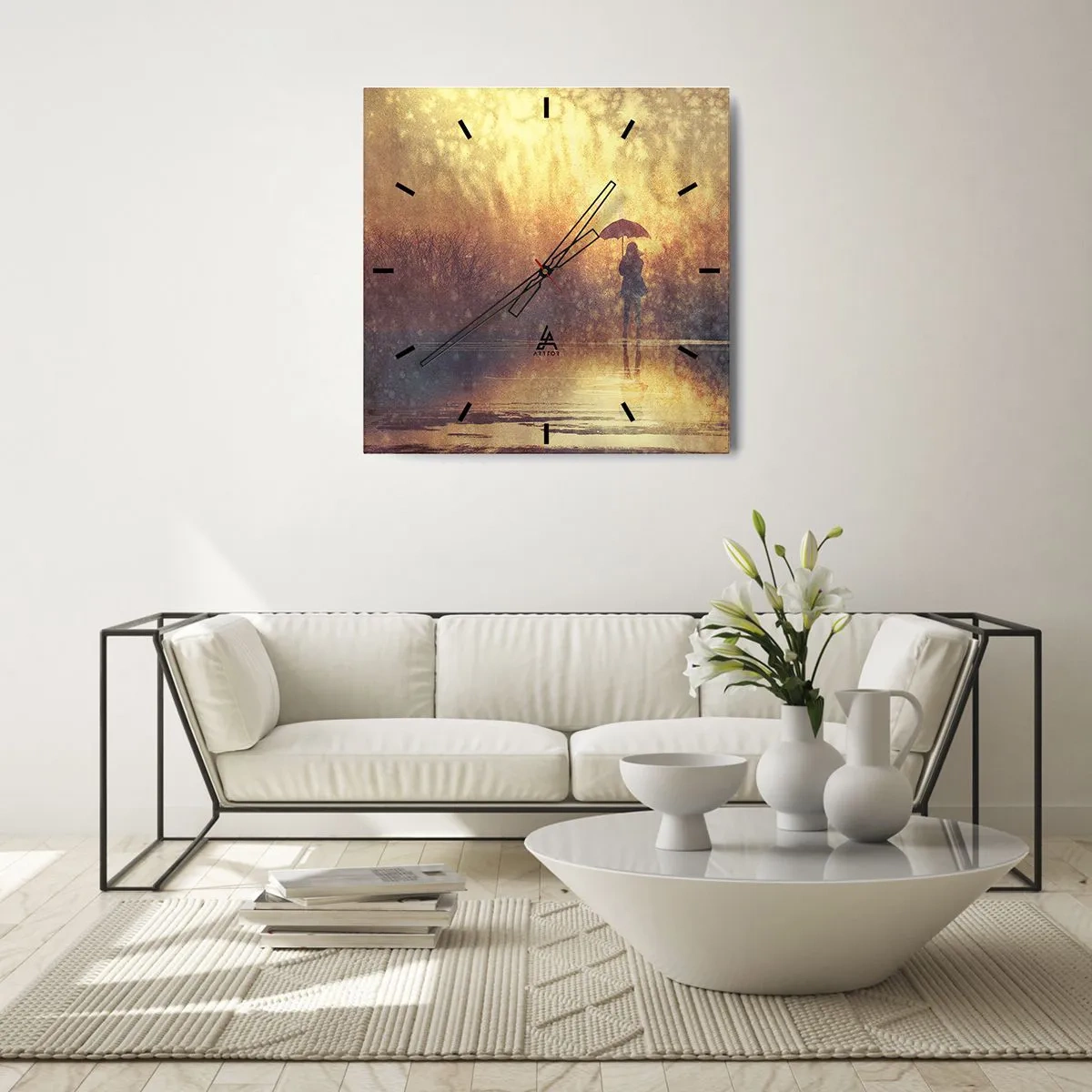 Horloge murale - Pendule murale - Une silhouette avec un parapluie dans un paysage brumeux plein de reflets - 30x30cm - Je sens que quelqu'un me regarde - Décoration murale moderne pour le salon et la chambre ARTTOR