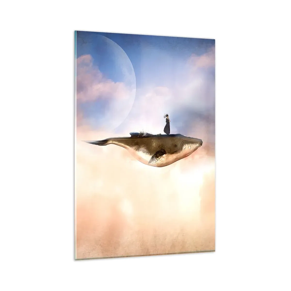 Impression sur verre - Image sur verre - Une scène fantastique d'une femme sur une baleine parmi les nuages - 80x120cm - Voyage irréel - Décoration murale moderne pour le salon et la chambre ARTTOR