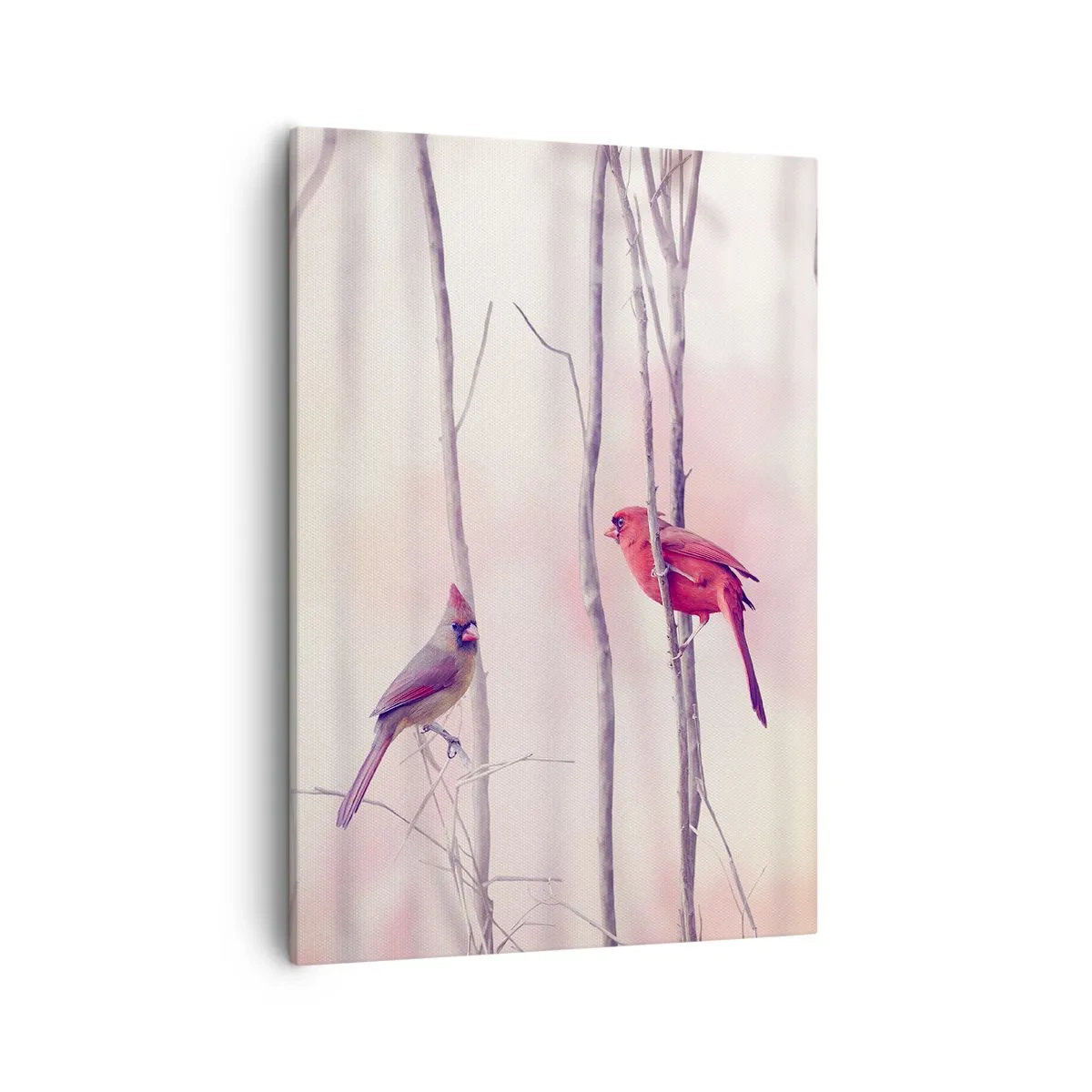 Impression sur toile - Image sur toile - Un couple de cardinaux perchés sur des branches dans un paysage pastel - 50x70cm - Conte de la forêt rose - Décoration murale moderne pour le salon et la chambre ARTTOR