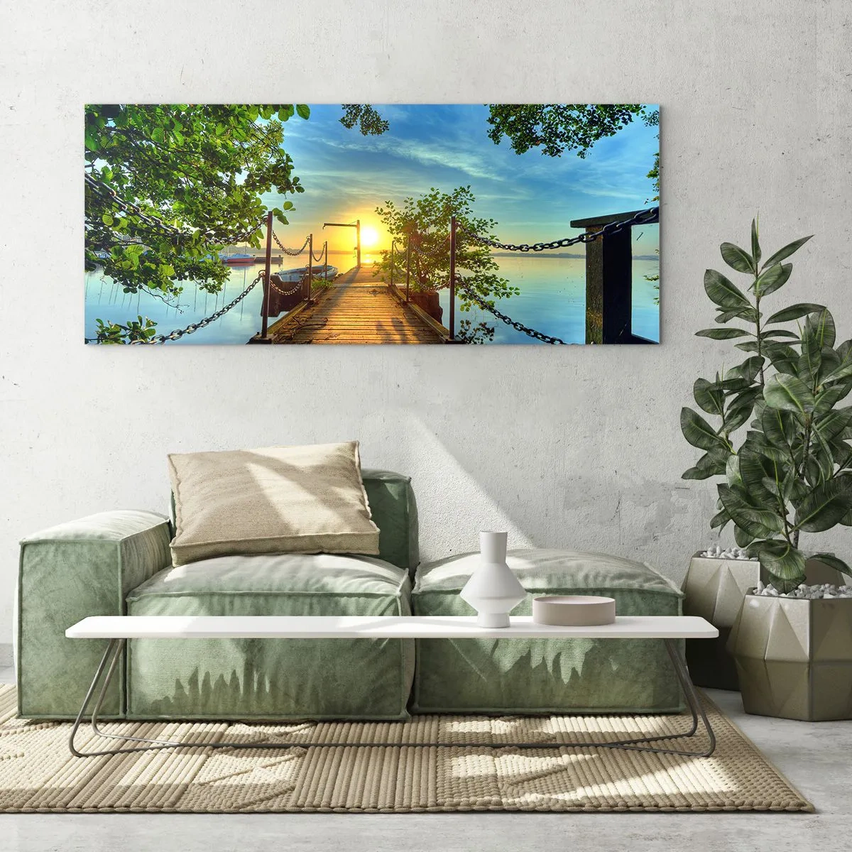 Impression sur verre - Image sur verre - Une jetée sur le lac dans les rayons du soleil couchant - 140x50cm - L'ouest au-dessus de l'eau - Décoration murale moderne pour le salon et la chambre ARTTOR