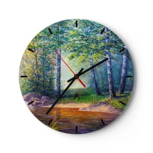 Horloge murale - Pendule murale - Une forêt de bouleaux pittoresque avec une rivière illuminée par les rayons du soleil - 30x30cm - Paysage idyllique - Décoration murale moderne pour le salon, la cuisine et la chambre ARTTOR