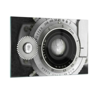 Impression sur verre - Image sur verre - Gros plan d'un vieil objectif d'appareil photo, plein de nostalgie et d'atmosphère vintage. - 120x80cm - Histoire d'Hollywood - Décoration murale moderne pour le salon et la chambre ARTTOR