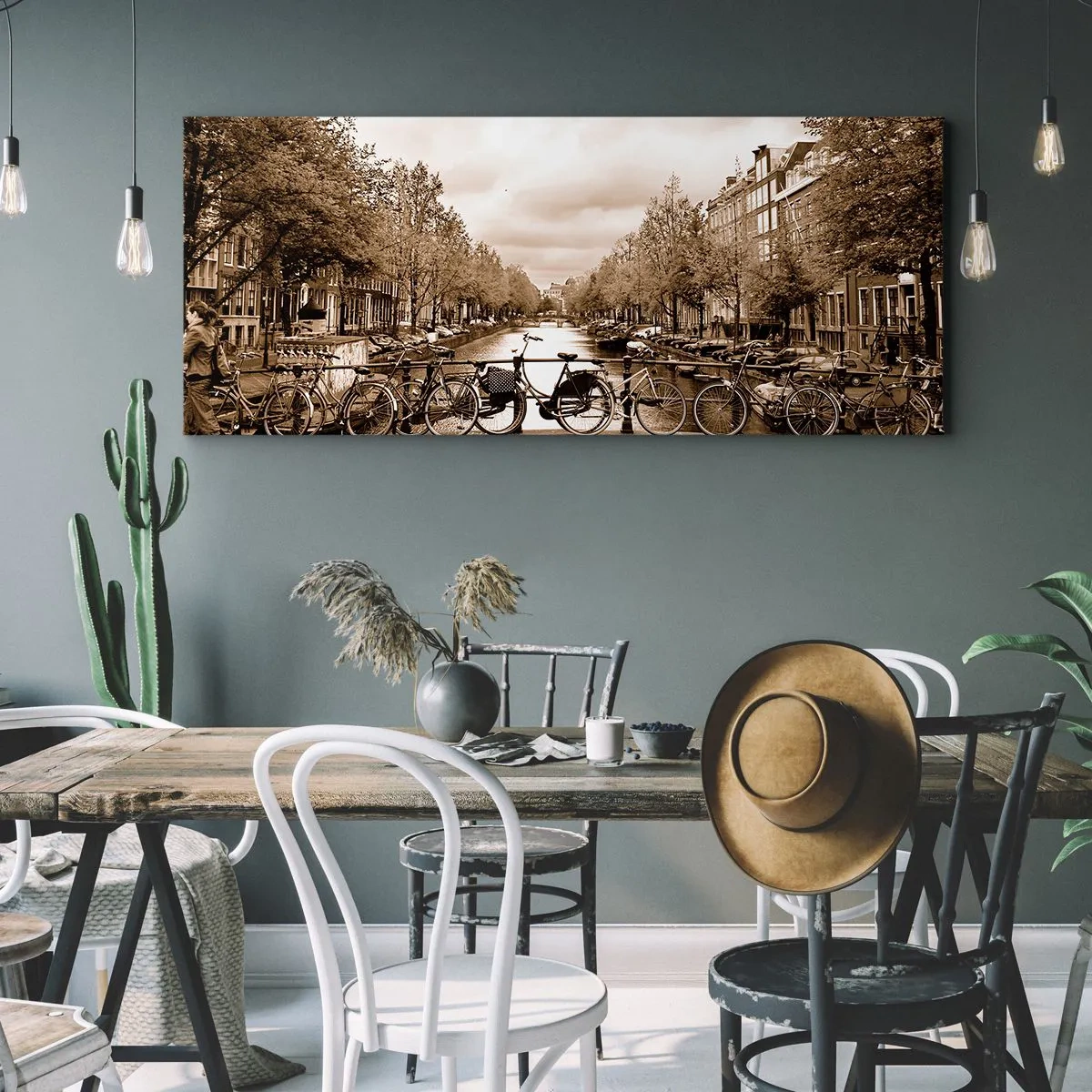 Impression sur toile - Image sur toile - Pont cyclable sur le canal en sépia - 160x50cm - Ambiance hollandaise - Décoration murale moderne pour le salon et la chambre ARTTOR