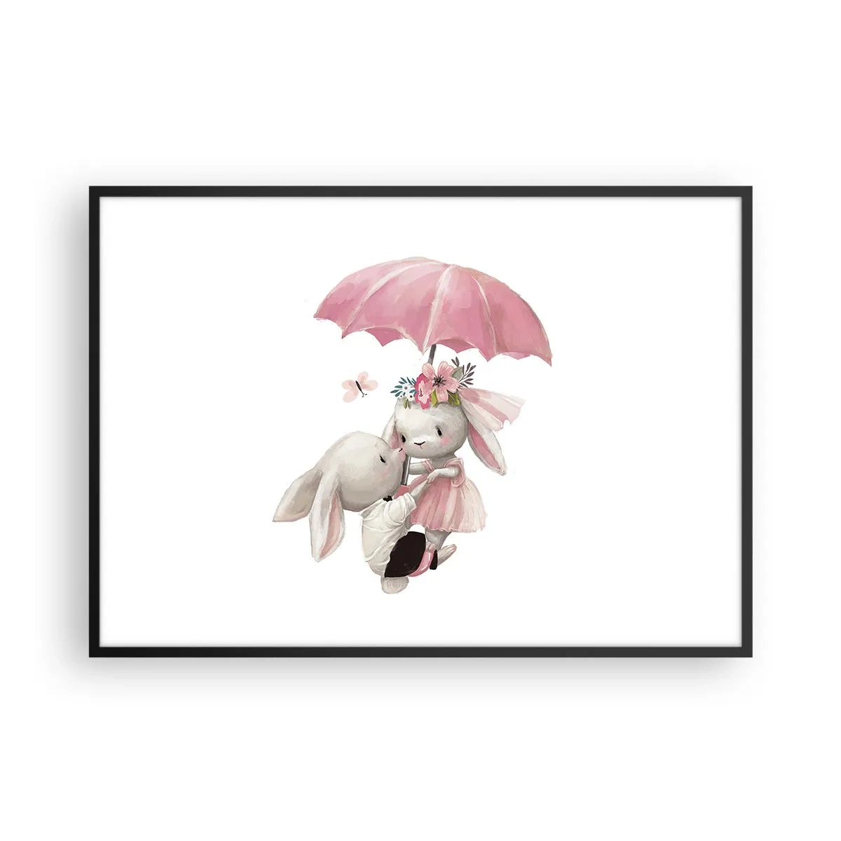 Affiche dans un cadre noir - Poster - Des lapins mignons sous un parapluie rose - 100x70cm - C'est ça l'amour - Décoration murale moderne pour le salon et la chambre ARTTOR