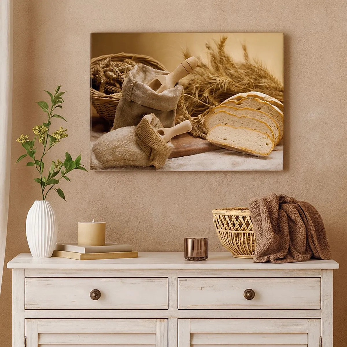 Impression sur toile - Image sur toile - Un paysage avec du pain, de la farine et des épis de blé dans un style rustique. - 70x50cm - Comment il coupe avec un couteau - Décoration murale moderne pour le salon et la chambre ARTTOR