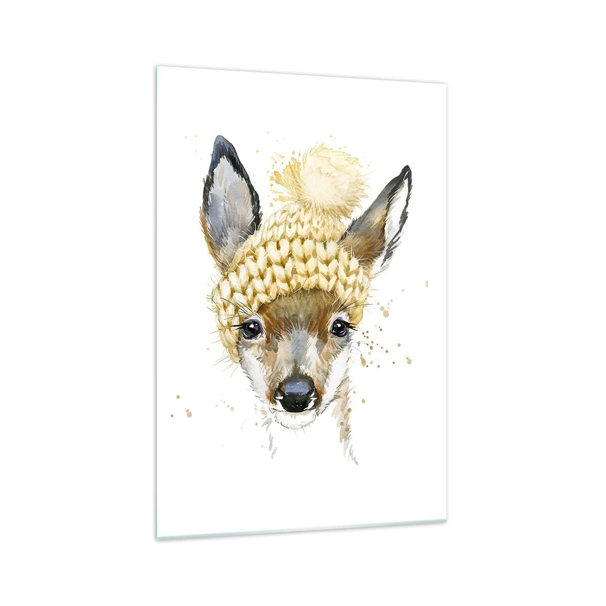 Impression sur verre - Image sur verre - Cerf aquarelle avec une casquette jaune - 70x100cm - Pour l'hiver dans la forêt enneigée - Décoration murale moderne pour le salon et la chambre ARTTOR