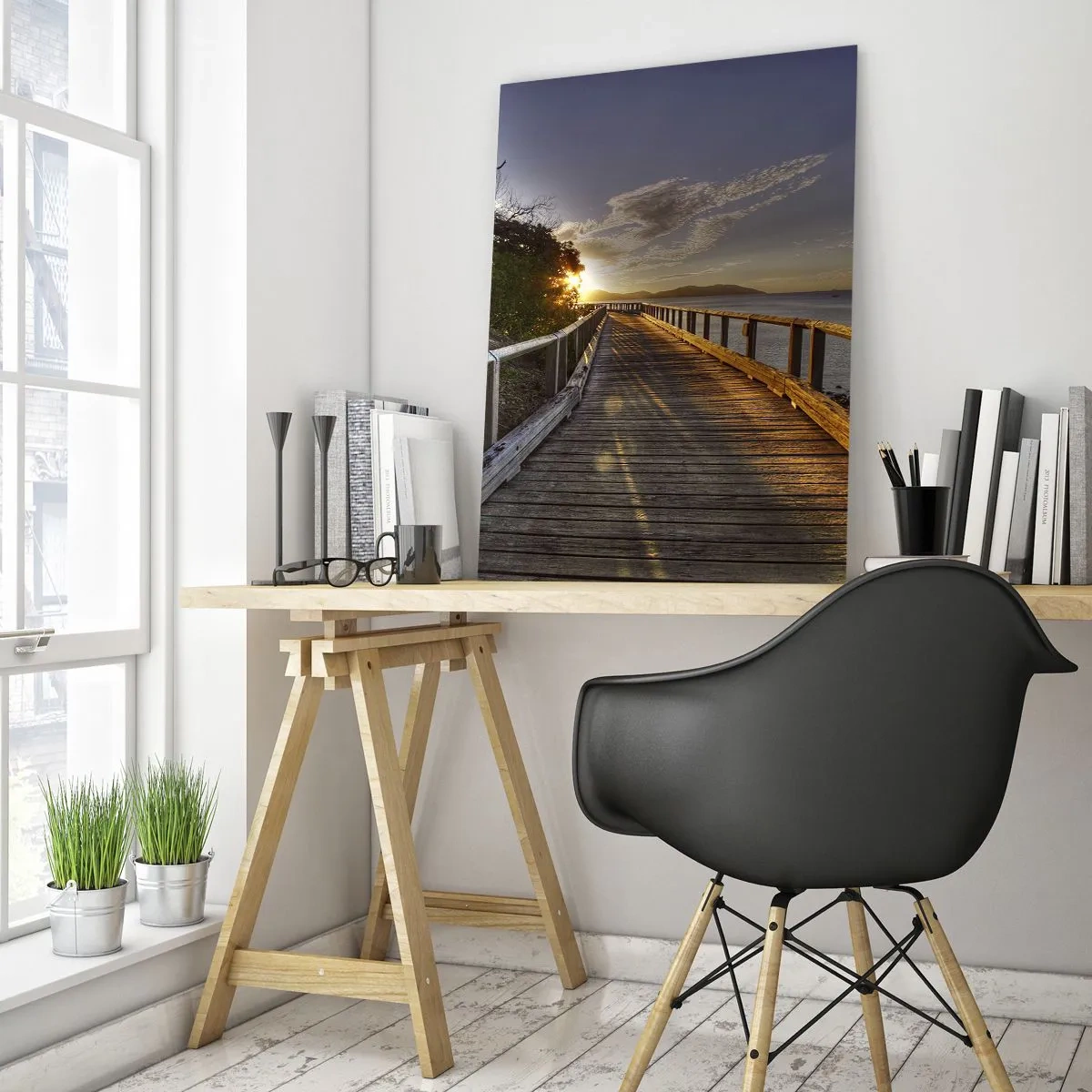 Impression sur verre - Image sur verre - Une jetée en bois mène vers le coucher de soleil sur l'eau - 70x100cm - Aller, aller tout le temps en direction du soleil - Décoration murale moderne pour le salon et la chambre ARTTOR