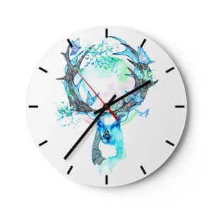 Horloge murale - Pendule murale - Cerf artistique avec branches et papillons sur fond blanc - 30x30cm - La force et la délicatesse de la nature - Décoration murale moderne pour le salon, la cuisine et la chambre ARTTOR