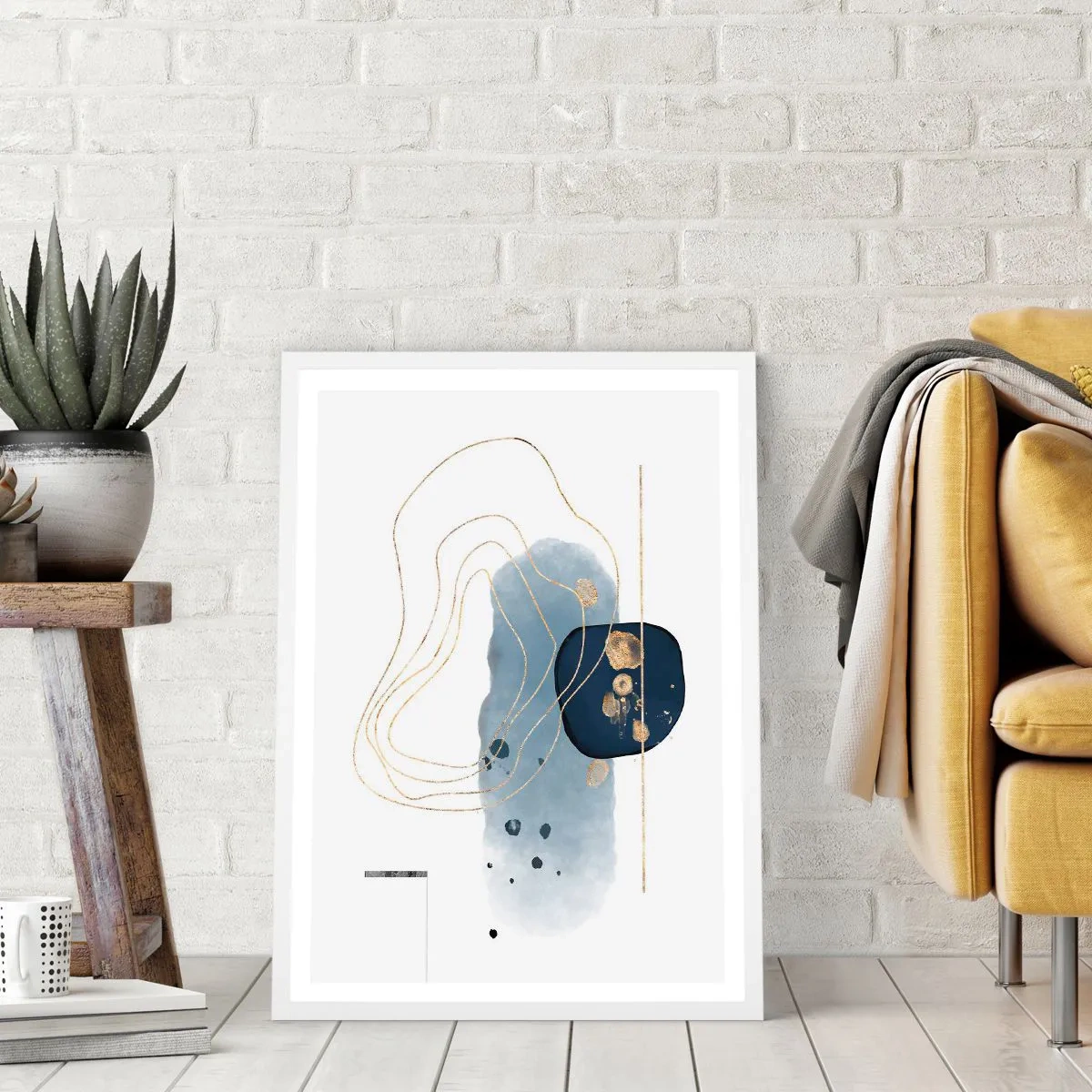 Affiche dans un cadre blanc - Poster - Fantaisie bleu et or - 50x70 cm