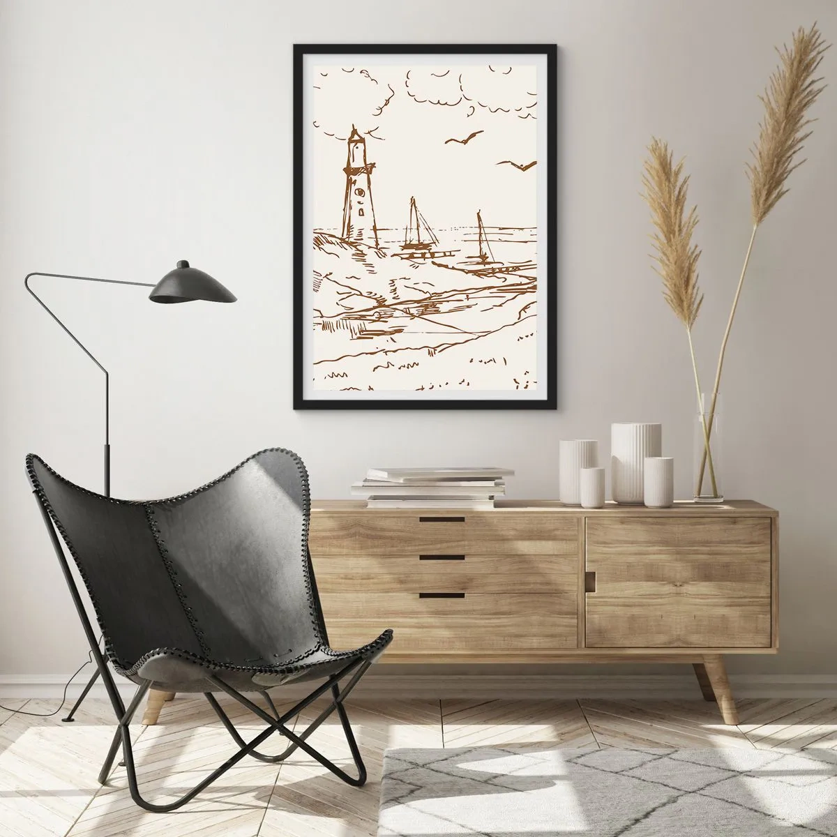 Affiche dans un cadre noir - Poster - Phare avec bateaux et oiseaux - 50x70cm - Esquisse de souvenirs d'été - Décoration murale moderne pour le salon et la chambre ARTTOR