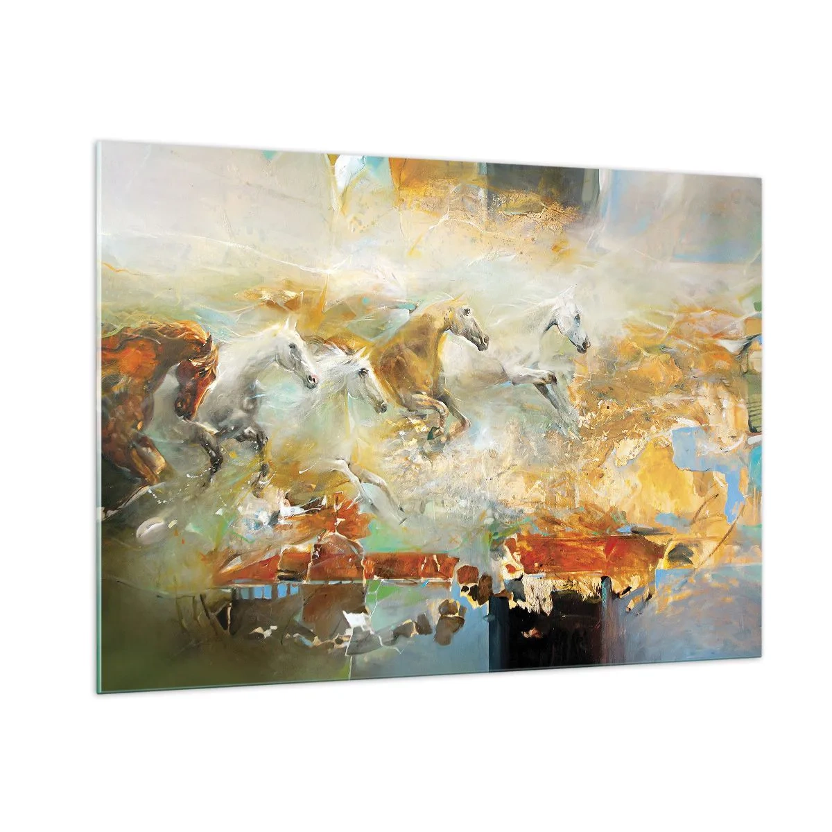 Impression sur verre - Image sur verre - Chevaux abstraits en mouvement dynamique - 100x70cm - Au galop vers la lumière - Décoration murale moderne pour le salon et la chambre ARTTOR