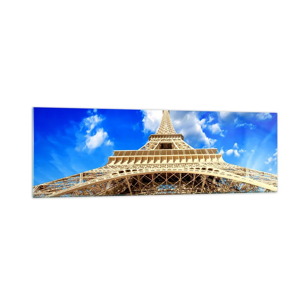 Impression sur verre - Image sur verre - La Tour Eiffel vue d'en bas contre un ciel bleu - 160x50cm - Atteindre le ciel et les nuages - Décoration murale moderne pour le salon et la chambre ARTTOR