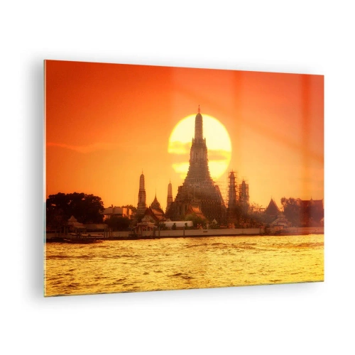 Impression sur verre - Image sur verre - Temple au coucher du soleil sur la rivière - 70x50cm - Vers le soleil, toujours vers le soleil - Décoration murale moderne pour le salon et la chambre ARTTOR