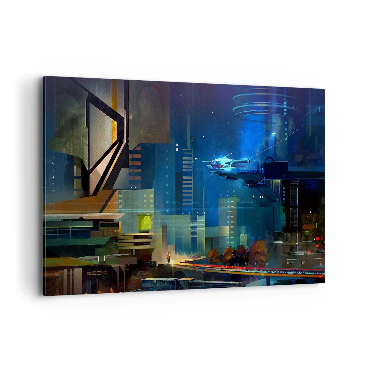 Impression sur toile - Image sur toile - Ville futuriste la nuit avec des néons et un véhicule volant - 100x70cm - Dans le futur proche - Décoration murale moderne pour le salon et la chambre ARTTOR