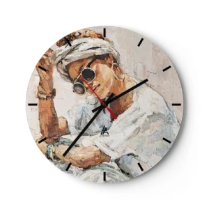 Horloge murale - Pendule murale - Portrait d'une femme portant des lunettes de soleil peint en impasto - 30x30cm - Portrait en plein soleil - Décoration murale moderne pour le salon, la cuisine et la chambre ARTTOR
