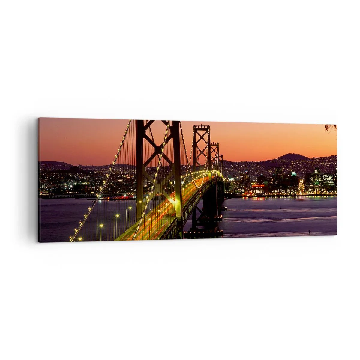 Impression sur toile - Image sur toile - Un pont illuminé la nuit au-dessus de l'eau avec une vue panoramique sur la ville - 140x50cm - Soirée violette - Décoration murale moderne pour le salon et la chambre ARTTOR