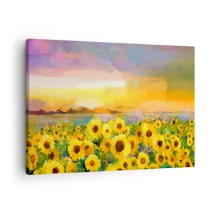 Impression sur toile - Image sur toile - Un champ de tournesols à la lumière du soleil couchant - 70x50cm - Le soleil lui-même est descendu sur terre - Décoration murale moderne pour le salon et la chambre ARTTOR