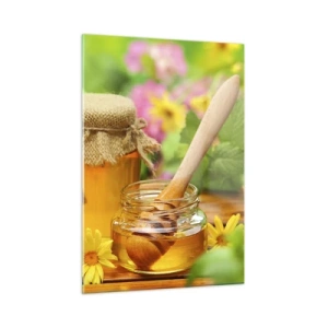 Impression sur verre - Image sur verre - Pots de miel sur fond de fleurs dans le jardin - 50x70cm - Doux et fleuri - Décoration murale moderne pour le salon et la chambre ARTTOR