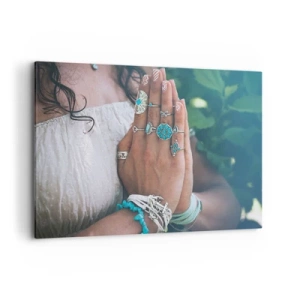 Impression sur toile - Image sur toile - Mains décorées de bijoux bohèmes - 100x70cm - Bienvenue au centre du bien-être - Décoration murale moderne pour le salon et la chambre ARTTOR