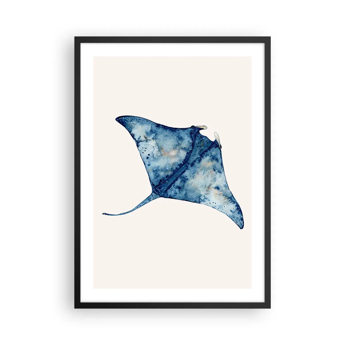 Affiche dans un cadre noir - Poster - Dessin d'une raie pastenague dans les tons de bleu - 50x70cm - La vie en bleu - Décoration murale moderne pour le salon et la chambre ARTTOR
