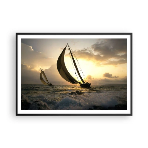 Affiche dans un cadre noir - Poster - Voiliers en mer au coucher du soleil - 100x70cm - Avec le vent et contre le vent - Décoration murale moderne pour le salon et la chambre ARTTOR