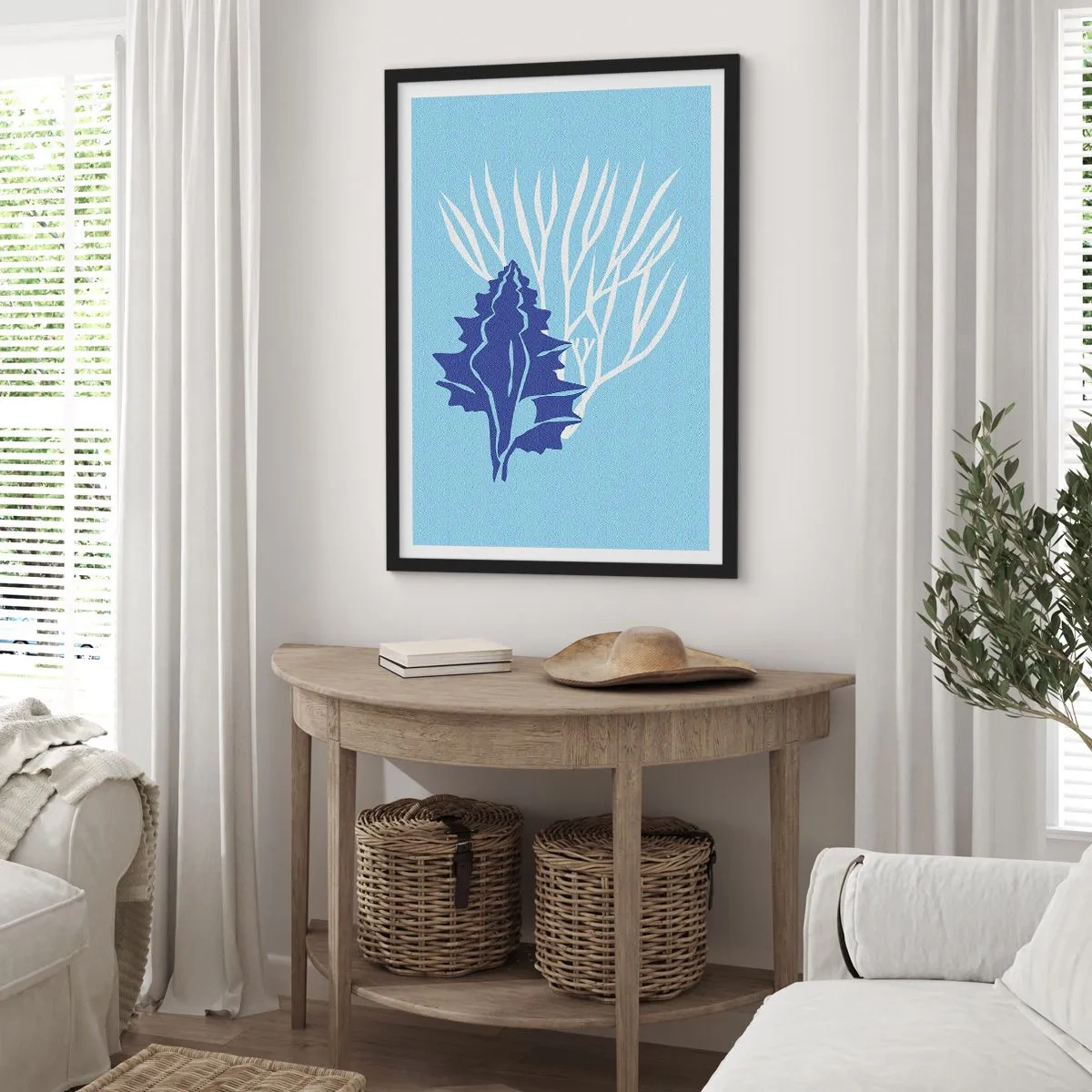 Affiche dans un cadre noir - Poster - Graphique nautique de coquillages et de coraux sur fond bleu - 50x70cm - Formes feuillues - Décoration murale moderne pour le salon et la chambre ARTTOR