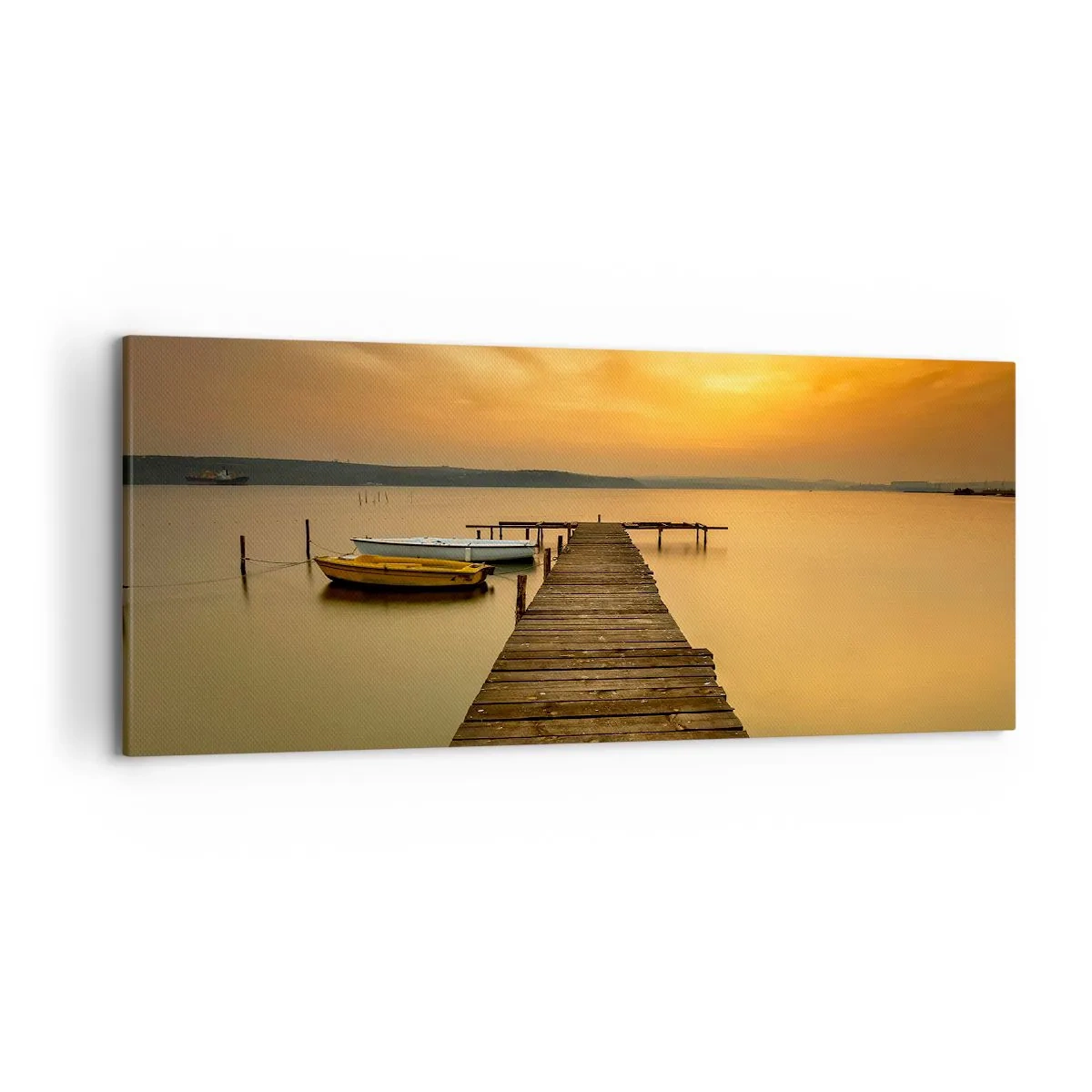 Impression sur toile - Image sur toile - Jetée en bois et bateaux sur le lac au coucher du soleil - 120x50cm - Je t'ouvrirai le ciel d'or - Décoration murale moderne pour le salon et la chambre ARTTOR