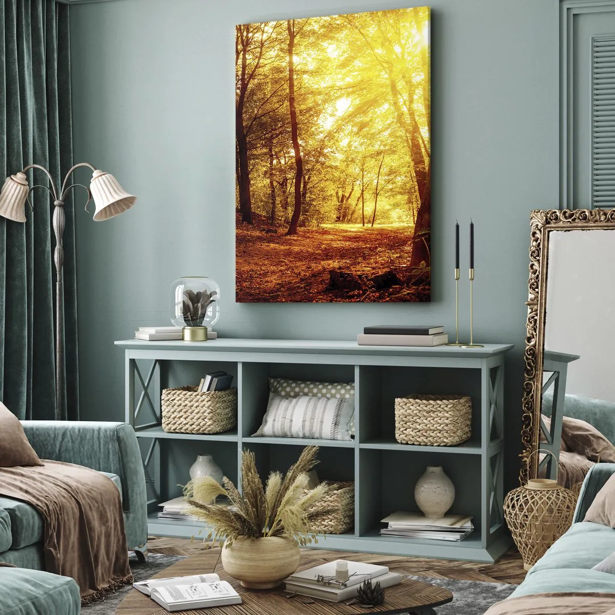 Impression sur toile - Image sur toile - Clairière d'automne sous le soleil doré avec un sentier forestier - 80x120cm - Vers la clairière dorée - Décoration murale moderne pour le salon et la chambre ARTTOR