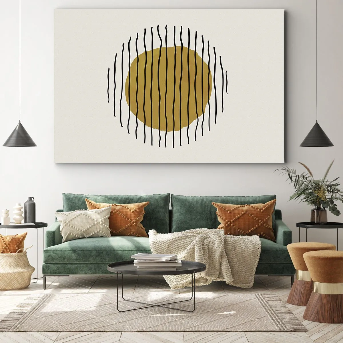 Impression sur toile - Image sur toile - Un motif minimaliste avec un cercle jaune et des lignes noires. - 100x70cm - Abstraction tremblante de chaleur - Décoration murale moderne pour le salon et la chambre ARTTOR