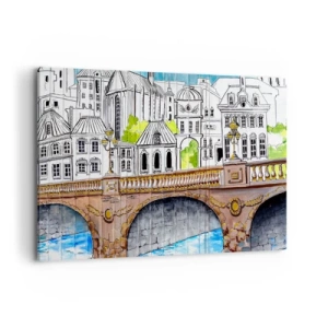 Impression sur toile - Image sur toile - Dessin du pont et de l'architecture urbaine historique - 120x80cm - Une ville comme peinte - Décoration murale moderne pour le salon et la chambre ARTTOR