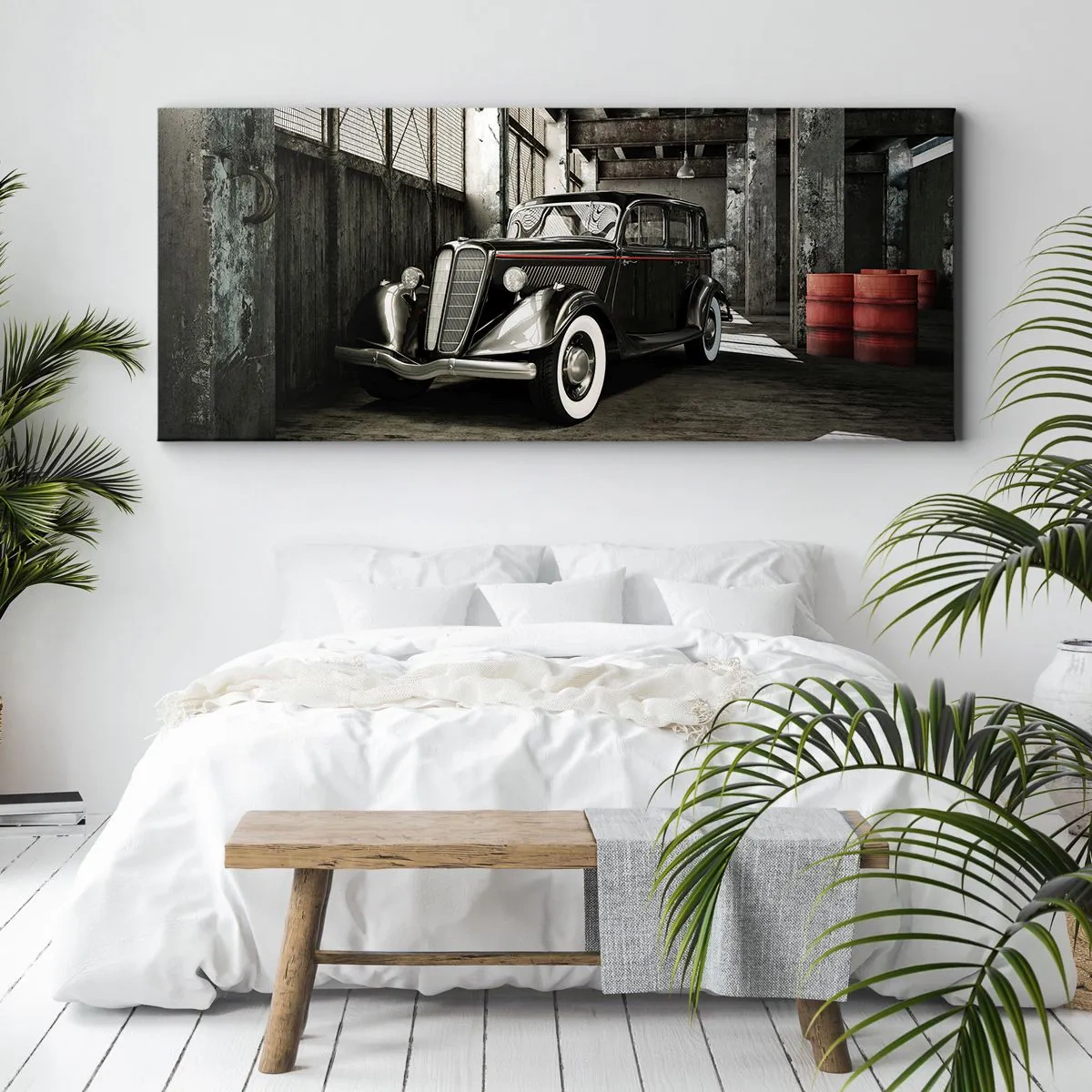 Impression sur toile - Image sur toile - Voiture rétro élégante dans un entrepôt brut - 120x50cm - L'élégance éternelle des années 30 - Décoration murale moderne pour le salon et la chambre ARTTOR