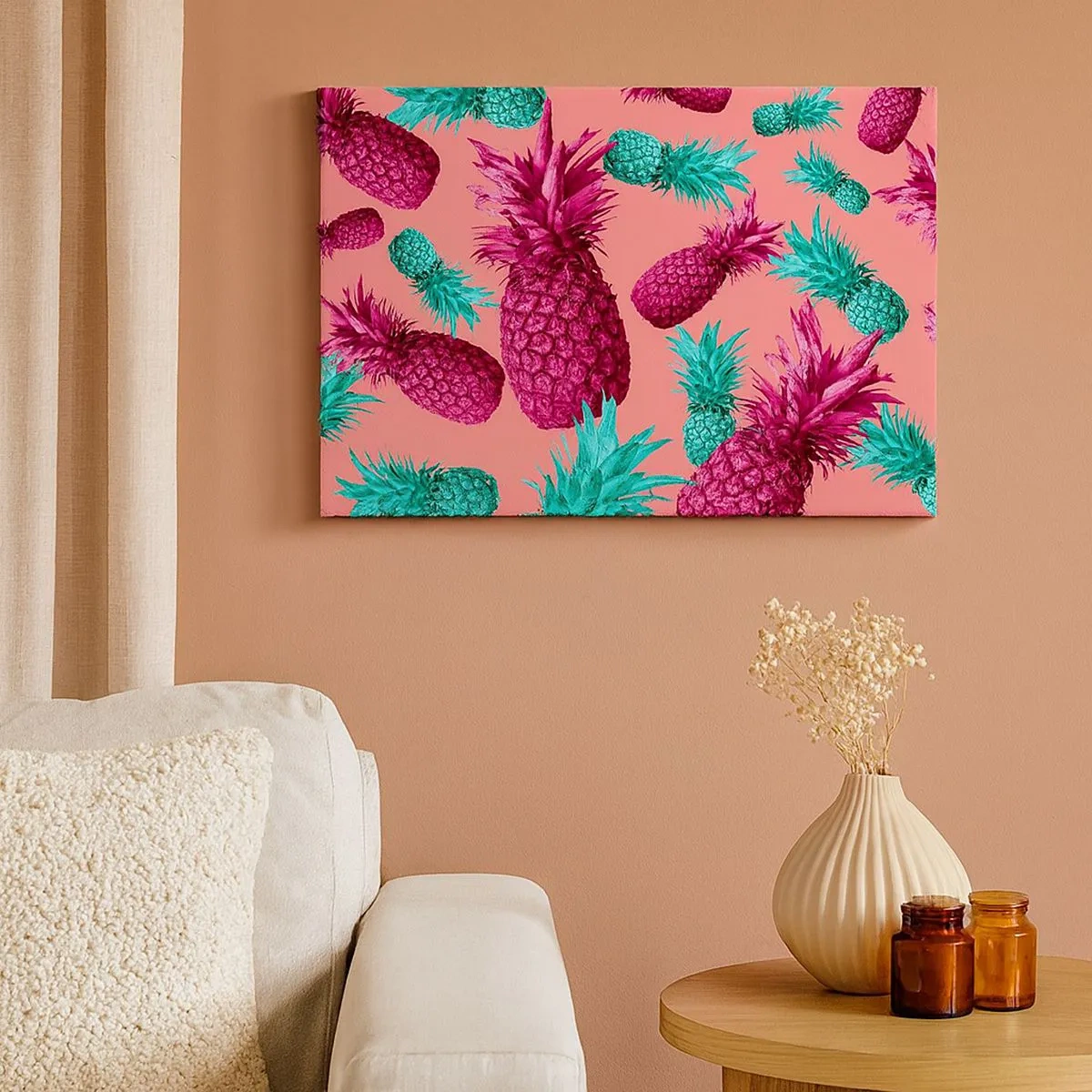 Impression sur toile - Image sur toile - Ananas exotiques aux couleurs roses et turquoise - 70x50cm - La liberté est douce - Décoration murale moderne pour le salon et la chambre ARTTOR