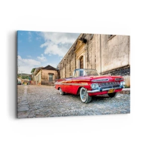 Impression sur toile - Image sur toile - Voiture classique rouge dans une rue pavée - 120x80cm - Émotions cubaines - Décoration murale moderne pour le salon et la chambre ARTTOR