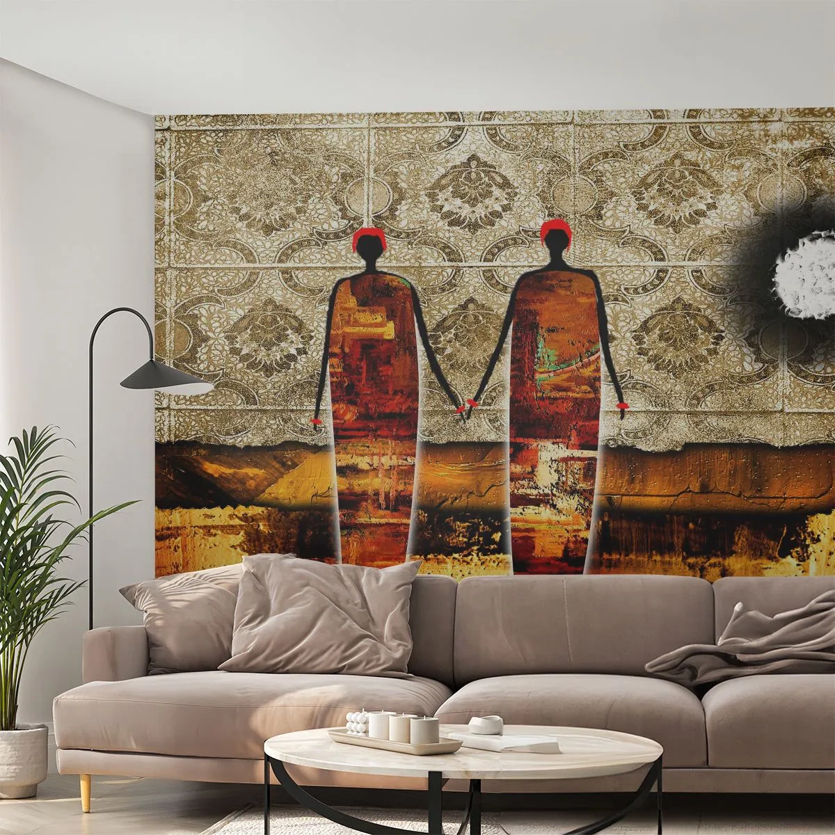 Papier Peint Photo Premium Sand - Figures abstraites sur un fond de motifs et de textures dorés - 100x70cm - Composition ethnique aux couleurs de l'Afrique - Décoration murale moderne pour le salon et la chambre ARTTOR