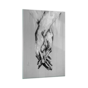 Impression sur verre - Image sur verre - Une composition en noir et blanc de deux mains jointes sur un fond clair. - 80x120cm - Début... - Décoration murale moderne pour le salon et la chambre ARTTOR