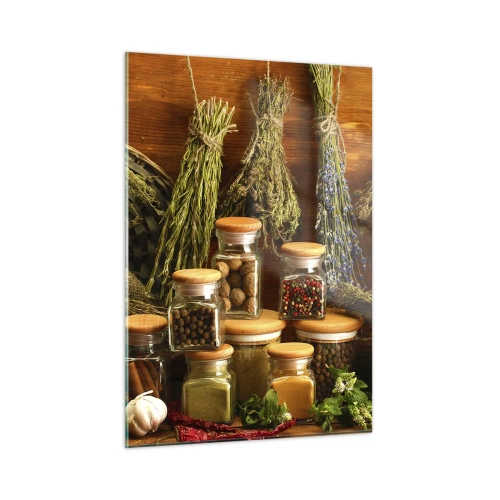 Impression sur verre - Image sur verre - Herbes et épices en pots sur fond de bois - 50x70cm - Sortilèges de cuisine - Décoration murale moderne pour le salon et la chambre ARTTOR