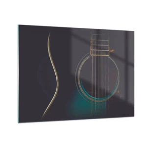 Impression sur verre - Image sur verre - Gros plan d'une guitare acoustique noire avec détails des cordes - 70x50cm - Le calme avant la tempête - Décoration murale moderne pour le salon et la chambre ARTTOR