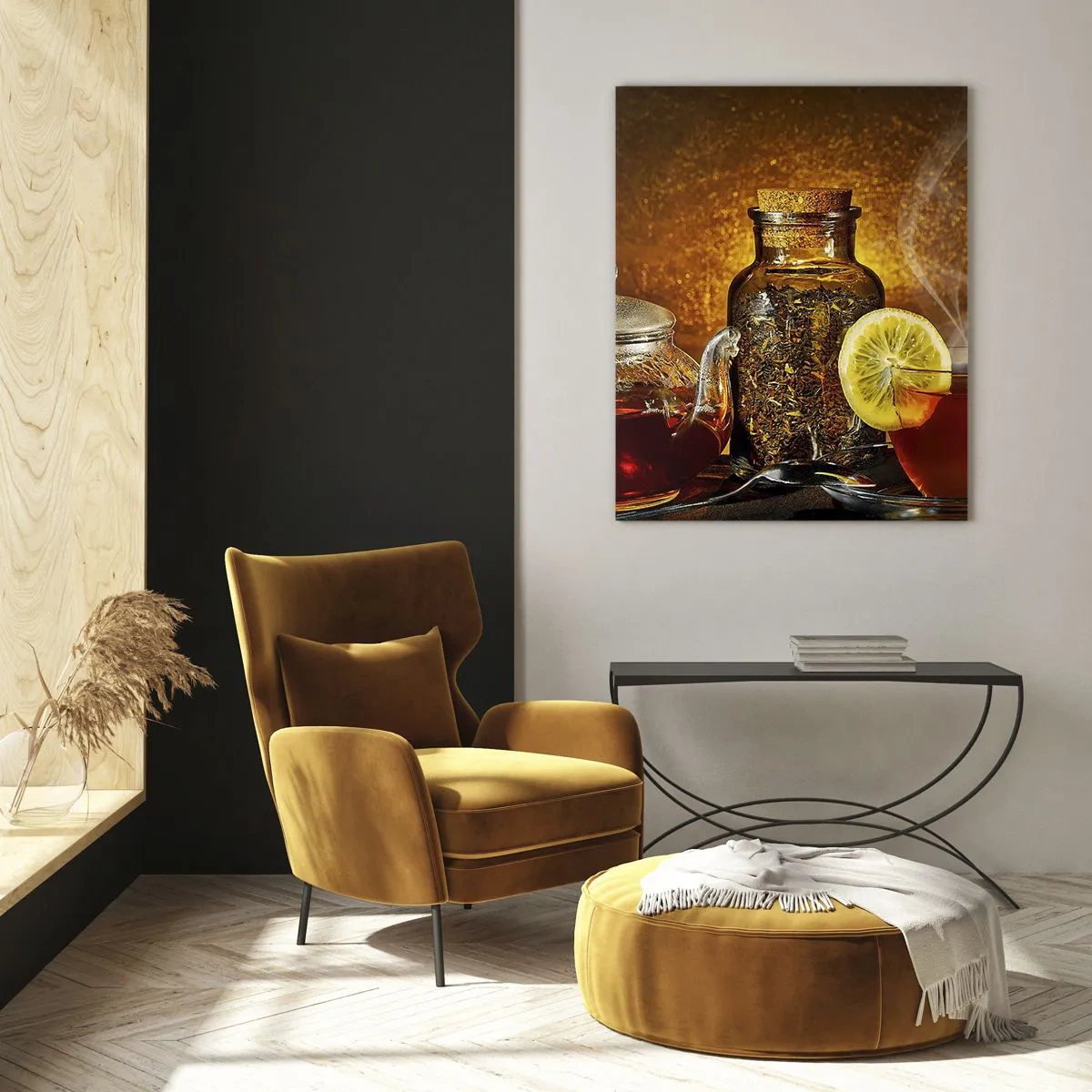 Impression sur verre - Image sur verre - Une théière en verre et une tasse de thé au citron - 50x70cm - Dans le style des maîtres hollandais - Décoration murale moderne pour le salon et la chambre ARTTOR