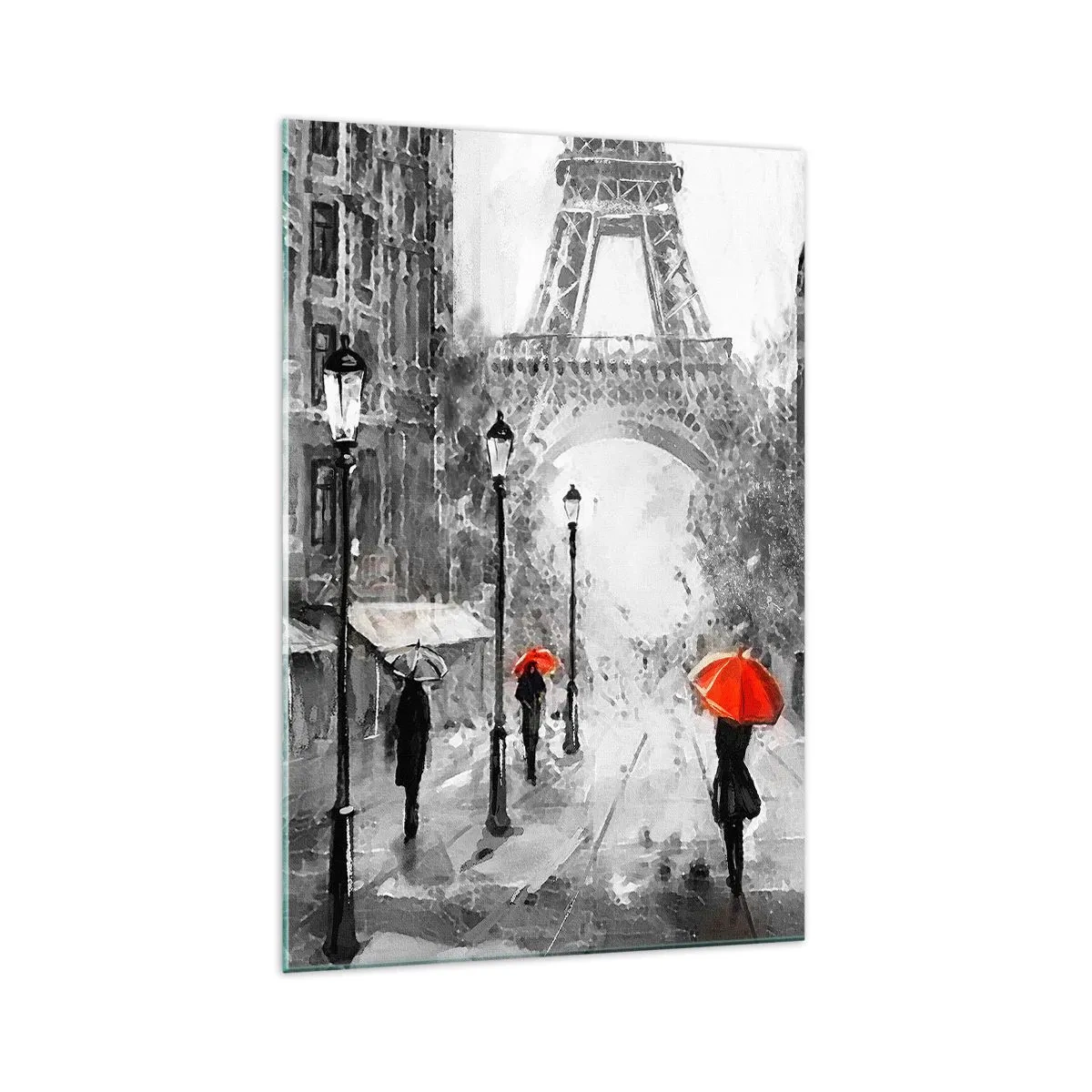 Impression sur verre - Image sur verre - Une rue avec vue sur la Tour Eiffel et des parapluies rouges - 70x100cm - Tous les chemins mènent à elle - Décoration murale moderne pour le salon et la chambre ARTTOR