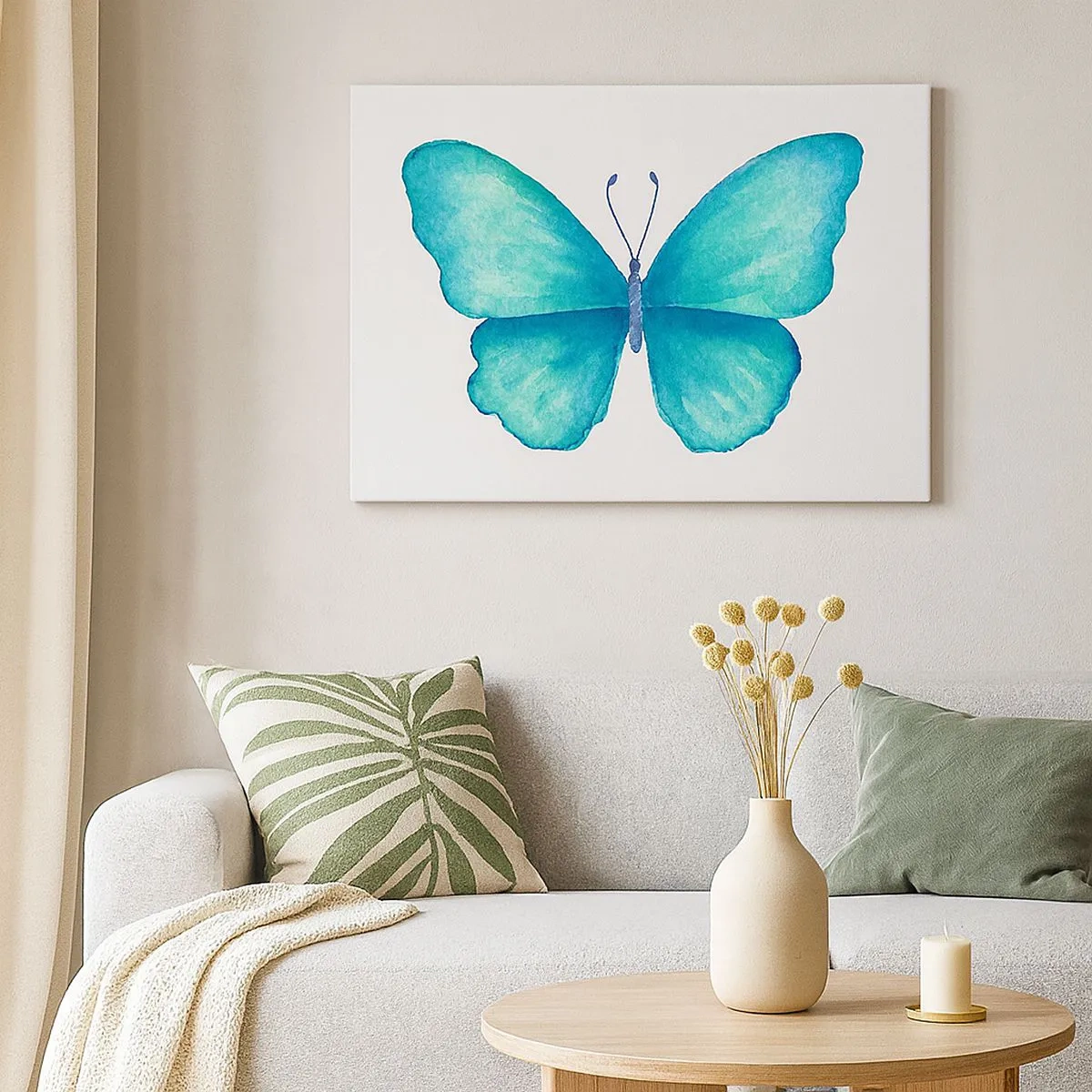 Impression sur toile - Image sur toile - Papillon bleu en style aquarelle sur fond blanc - 70x50cm - Nature turquoise - Décoration murale moderne pour le salon et la chambre ARTTOR