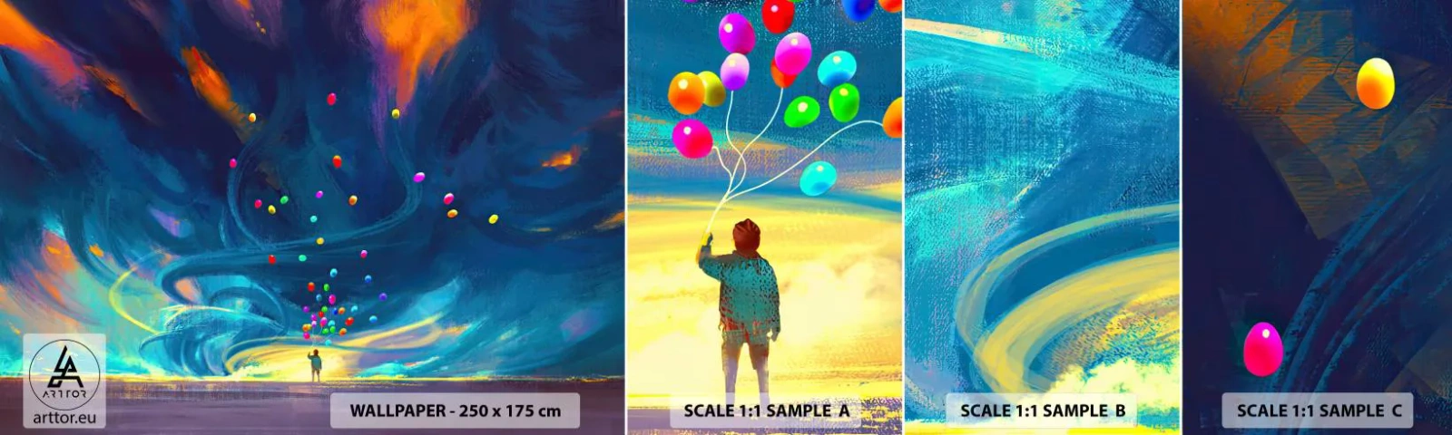 Échantillon De Papier Peint Standard Eco - Au vent bleu ciel - Pour les enfants, Ballons colorés, Abstraction - 100x30 cm